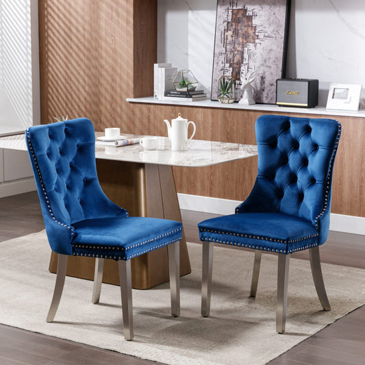Modern, High-end Tufted Solid Wood Contemporary Velvet Upholstered Dining Chair with Chrome Stainless Steel Plating Legs,Nailhead Trim,Set of 2,Blue and Chrome, DE1701BL