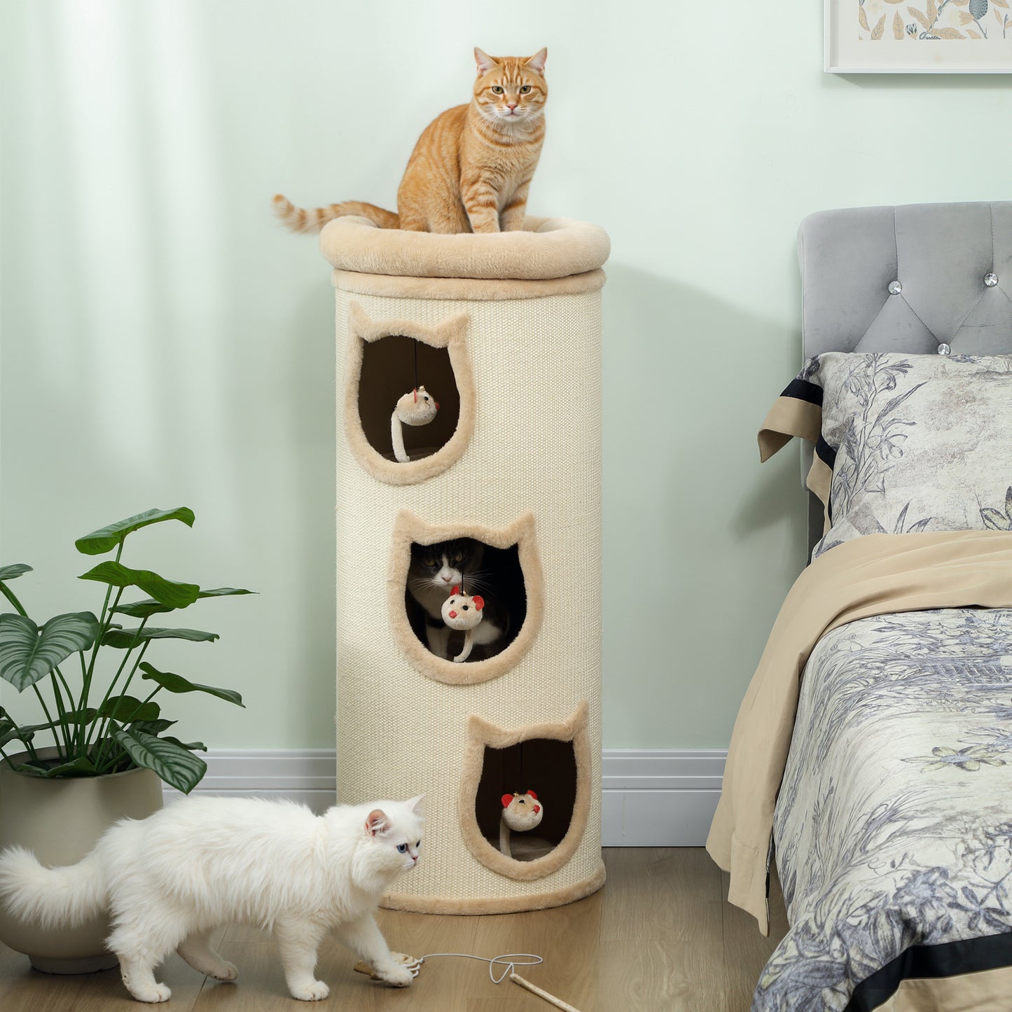 Krabpaal voor Katten – Krabboom – Kattenpaal – Kattenmeubel – Krabtoren – 4 Niveaus met Wasbaar Bed – 3 Slaapholletjes – Grijs – 96 cm – Voor Meerdere Katten