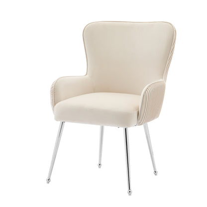 Velvet Dining Chair, Two Piece, Deluxe Model, Suitable for Living Room, Bedroom, Lounge Chair with Four Silvery Metal Legs with Armrests and Adjustable Feet, Lumbar Support Design, Beige, Bedroom Seating, Elegant Seating, Sty