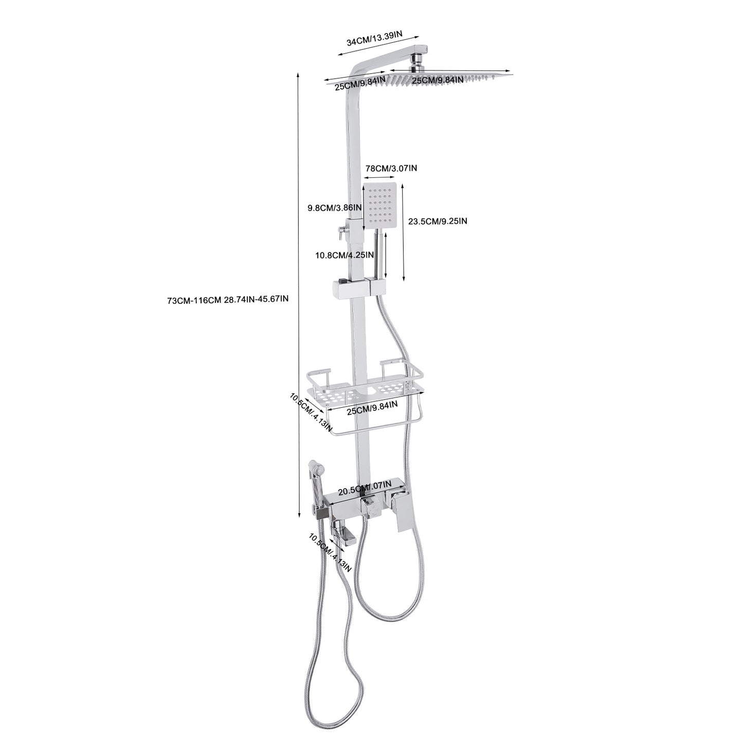 Doucheset – Douchekraan – Douchekop – Badkraan – Douchekraan Thermostatisch – Hoogwaardig Koper & RVS – Verstelbaar 73-116 cm – Wandmontage