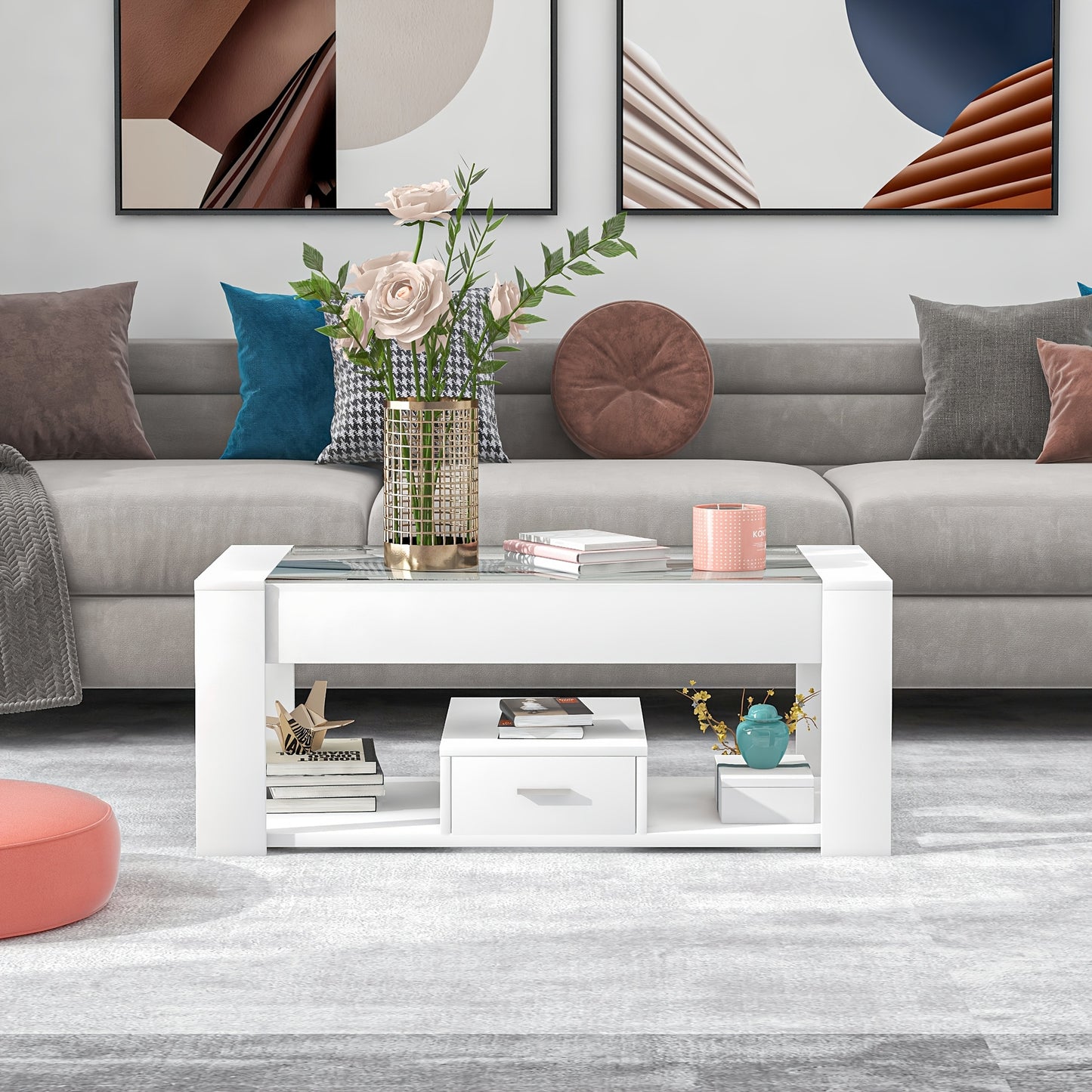 Salontafel – Tafel – Koffietafel – Woonkamertafel – Opbergtafel – Modern Wit Design – Glazen Blad Met Opbergruimte
