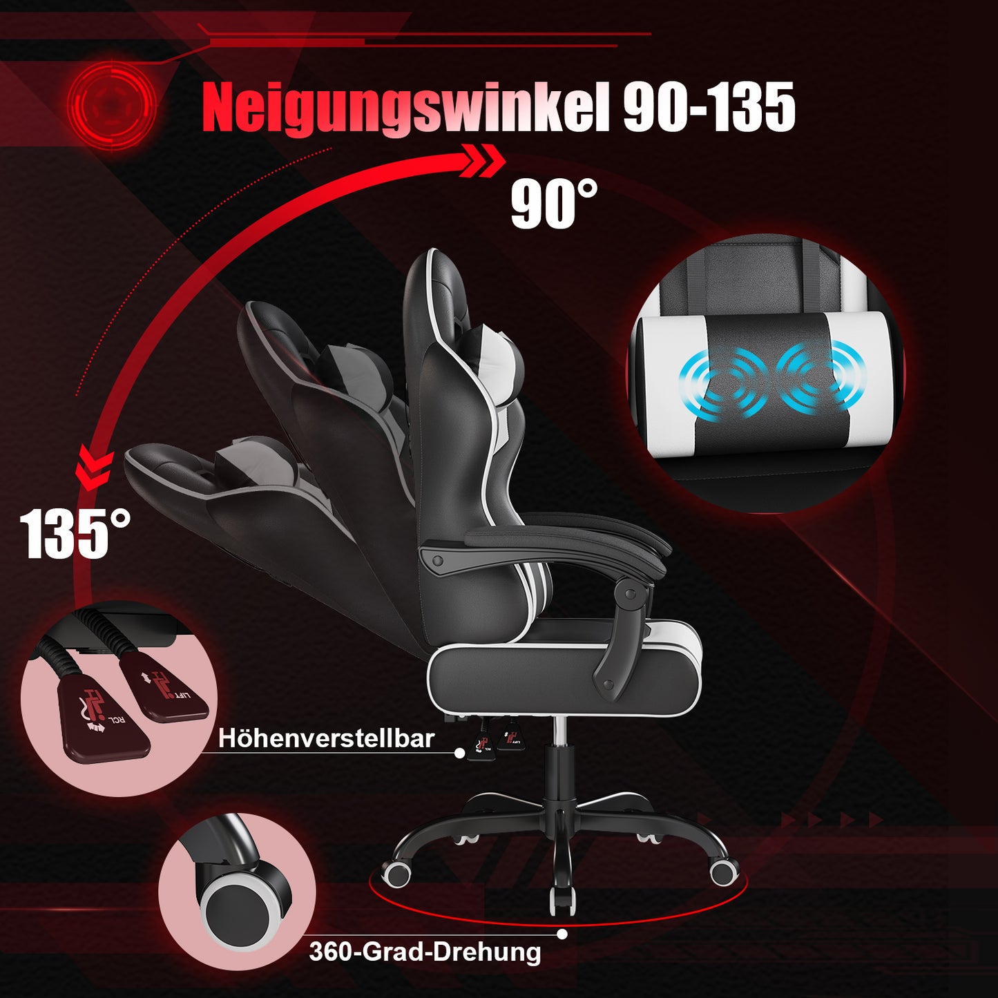 Gamingstoel – Bureaustoel – Gamestoel – Ergonomische Stoel – Zwarte Stoel – Verstelbare Rugleuning tot 90° – 150 kg Draagvermogen