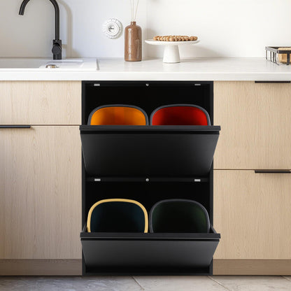 4x15L Kitchen Trash Can | Black, Sorting Trash Bin, Rubbish Storage Cabinet, Carbon Steel, Rectangle Shape, NaMaSyo Brand