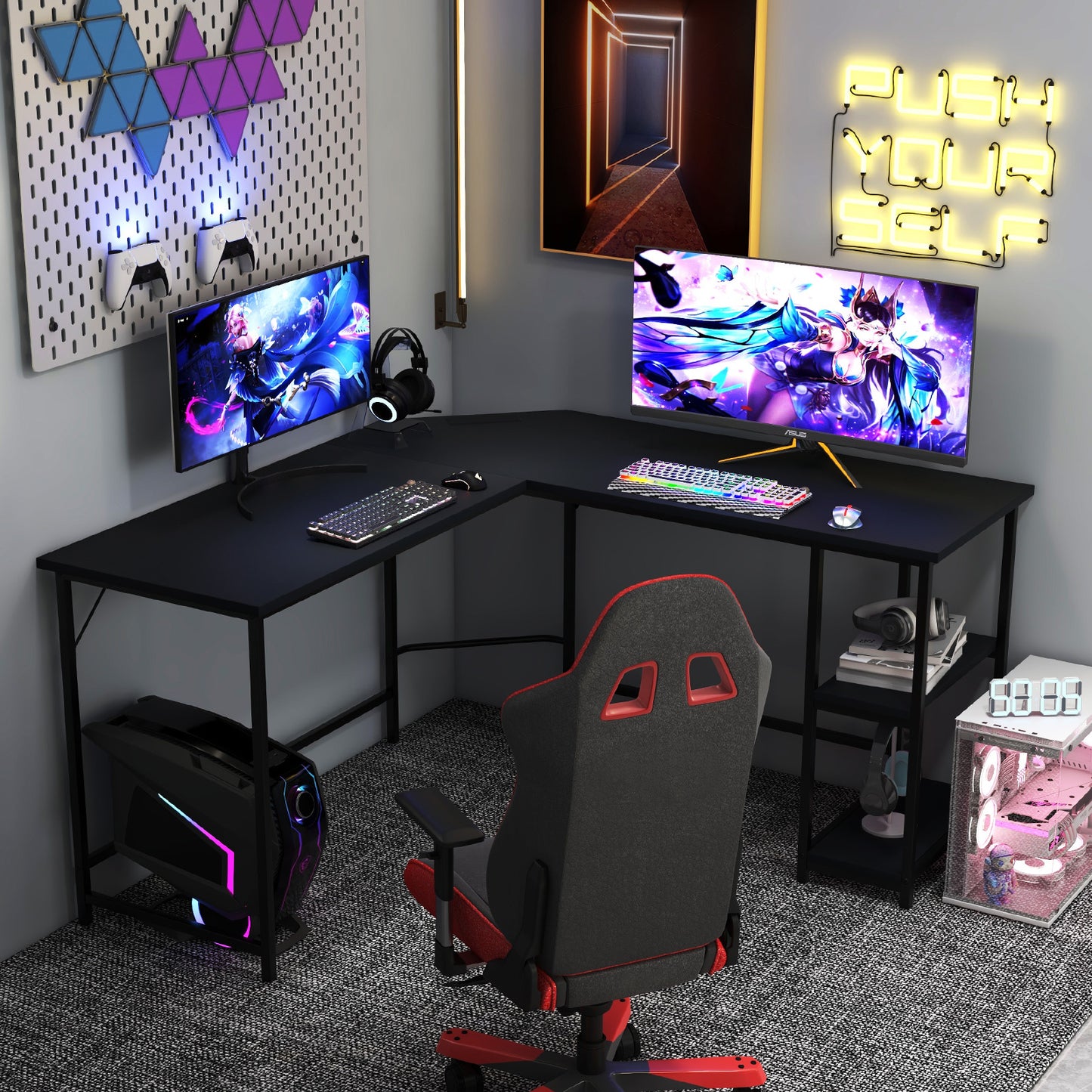 L-vormig Bureau – Hoekbureau – Werkplek Bureau – Gaming Bureau – Studiebureau – Zwart – Ruim Tafelblad 138x50 cm – Stevig Carbon Staal Frame