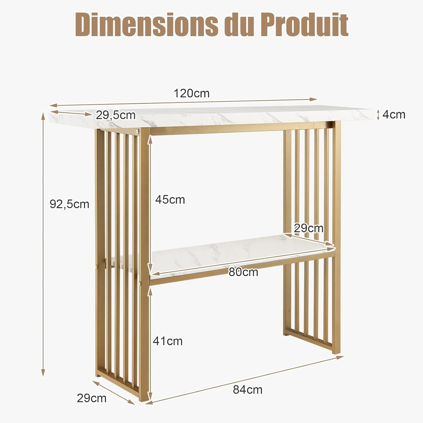 Smalle Sidetable – Smalle Console Tafel – Haltafel – Gangtafel – Woonkamer Sidetable – Wit Faux Marmer Blad – Gouden Stalen Frame – 120x29,5 cm – 2-laags Opbergruimte