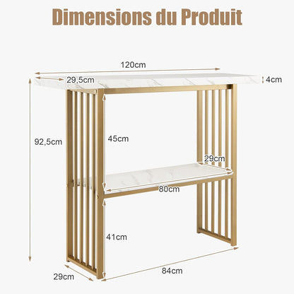 Smalle Sidetable – Smalle Console Tafel – Haltafel – Gangtafel – Woonkamer Sidetable – Wit Faux Marmer Blad – Gouden Stalen Frame – 120x29,5 cm – 2-laags Opbergruimte