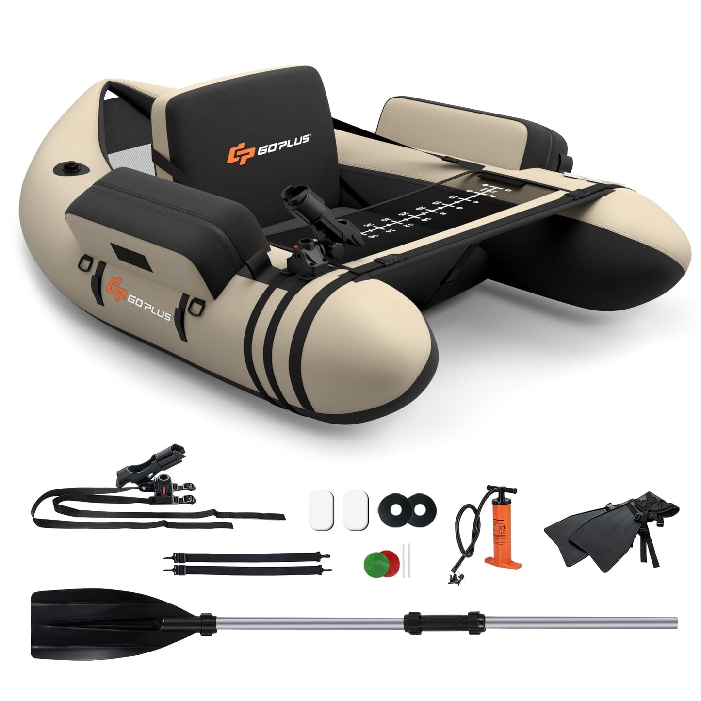 Opblaasbare Visboot – Belly Boat – Vissersboot – Inflatable Kano – Vlot Voor Volwassenen – Inclusief Pomp en Peddels – 150 kg Draagvermogen – Verstelbare Rugleuning – Beige – 135 x 109 x 54 cm