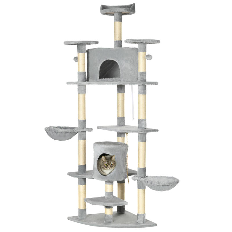 Krabpaal – Kattenboom – Kattenhuis – Krabmeubel – Kattenmand – Twee Hangmatten & Kattenholletjes – Lichtgrijs Sisal & Pluche Speeltje