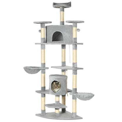 Krabpaal – Kattenboom – Kattenhuis – Krabmeubel – Kattenmand – Twee Hangmatten & Kattenholletjes – Lichtgrijs Sisal & Pluche Speeltje