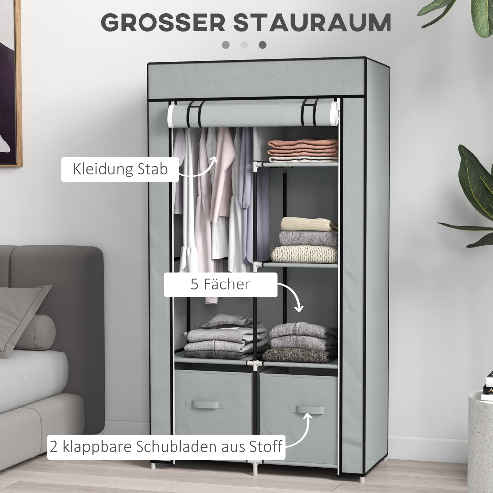 Kledingkast – Garderobekast – Opbergkast – Kleerkast – Vouwkast – 5 Kledingstangen – Stevig Metalen Frame – Lichtgrijs Textiel – Inklapbaar – Makkelijk Te Monteren