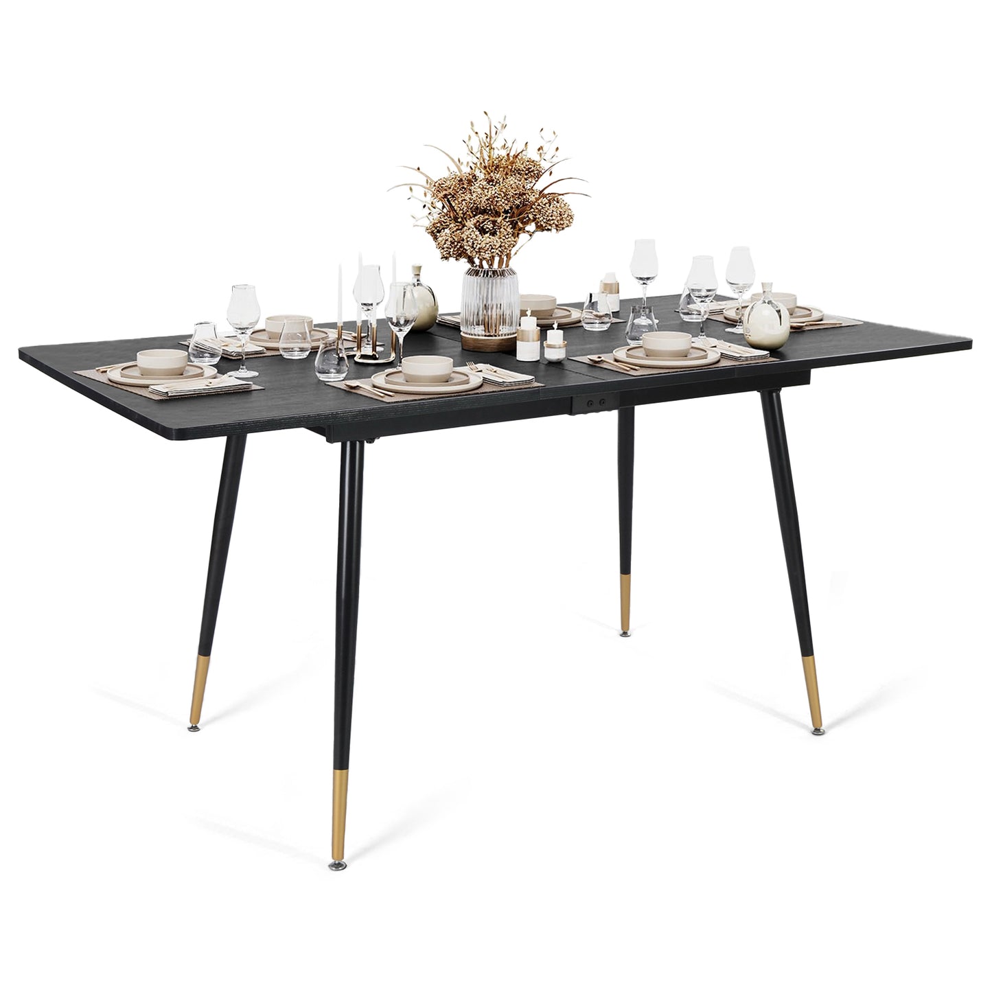 Uitschuifbare Eettafel – Tafel – Eetkamertafel – Uitklapbare Tafel – Industriële Eettafel – Voor 4-6 Personen – Stalen Frame Zwart-Goud – Anti-Roest & Waterbestendig