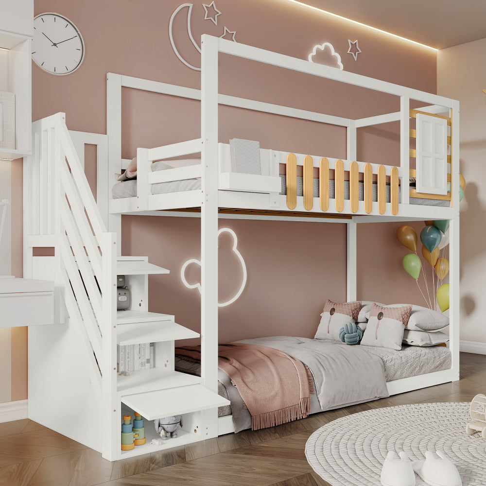 Wit Stapelbed – Kinderbed – Hoogslaper – Bovenbed – Stapelbed Met Veiligheidsnet – Drie-Delige Opbergladder – Ruimtebesparend Twin/Full Bed – Stevige Ladder Met Bescherming