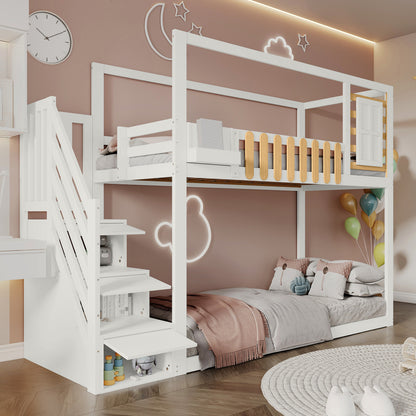 Wit Stapelbed – Kinderbed – Hoogslaper – Bovenbed – Stapelbed Met Veiligheidsnet – Drie-Delige Opbergladder – Ruimtebesparend Twin/Full Bed – Stevige Ladder Met Bescherming