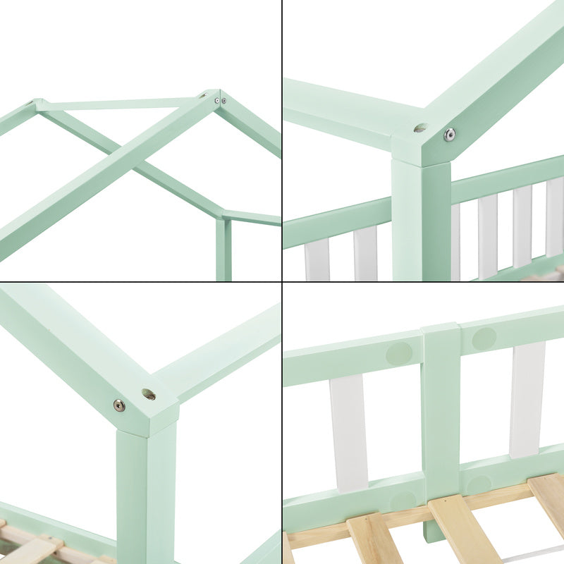 Kinderbed – Kinderbedden – Eenpersoonsbed – Hoogslaper – Stapelbed – Huisvormig Design – Valbeveiliging – Grenenhout – 140x200 cm