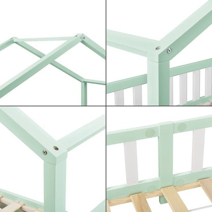 Kinderbed – Kinderbedden – Eenpersoonsbed – Hoogslaper – Stapelbed – Huisvormig Design – Valbeveiliging – Grenenhout – 140x200 cm