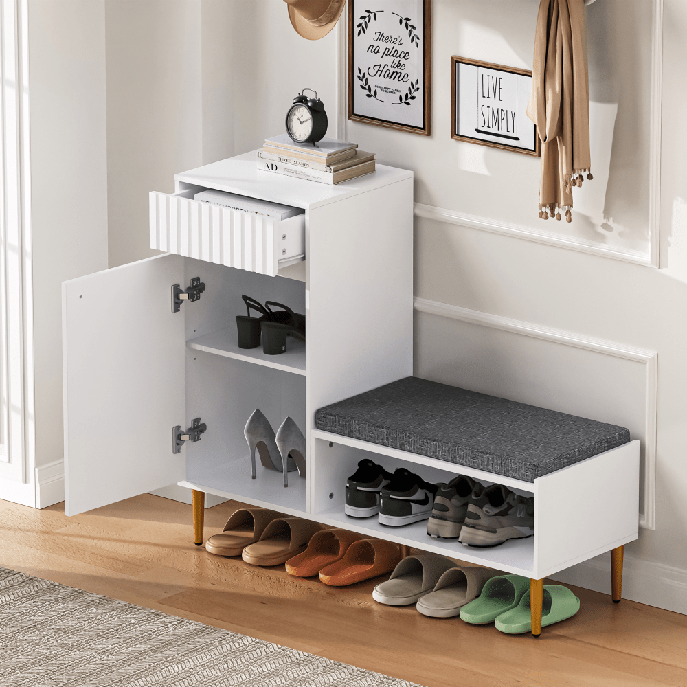 Modern Shoe Cabinet with Bench, 1 Door, 1 Drawer, 1 Open Storage Compartment, Padded, White, Dimensions: 100 × 35 × 82.2cm (Width × Height × Depth), Entryway Storage, Modern Furniture, Sleek Design, Padded Surface, Multif