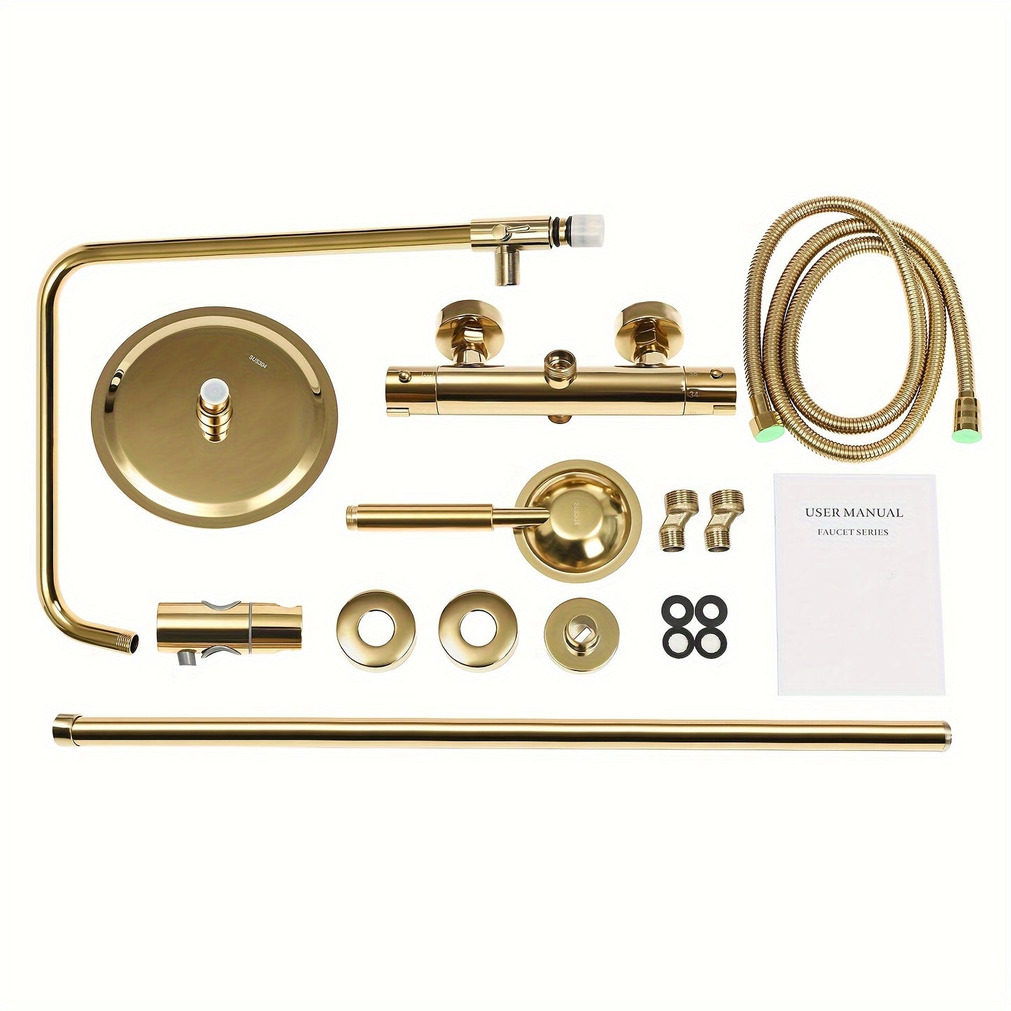 Douchesysteem – Regendouche – Douchekolom – Douchekraan – Doucheplaat – Thermostatisch – Messing Goud – 20 cm Regendouchekop – Verstelbare Hoogte 70-110 cm