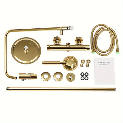 Douchesysteem – Regendouche – Douchekolom – Douchekraan – Doucheplaat – Thermostatisch – Messing Goud – 20 cm Regendouchekop – Verstelbare Hoogte 70-110 cm