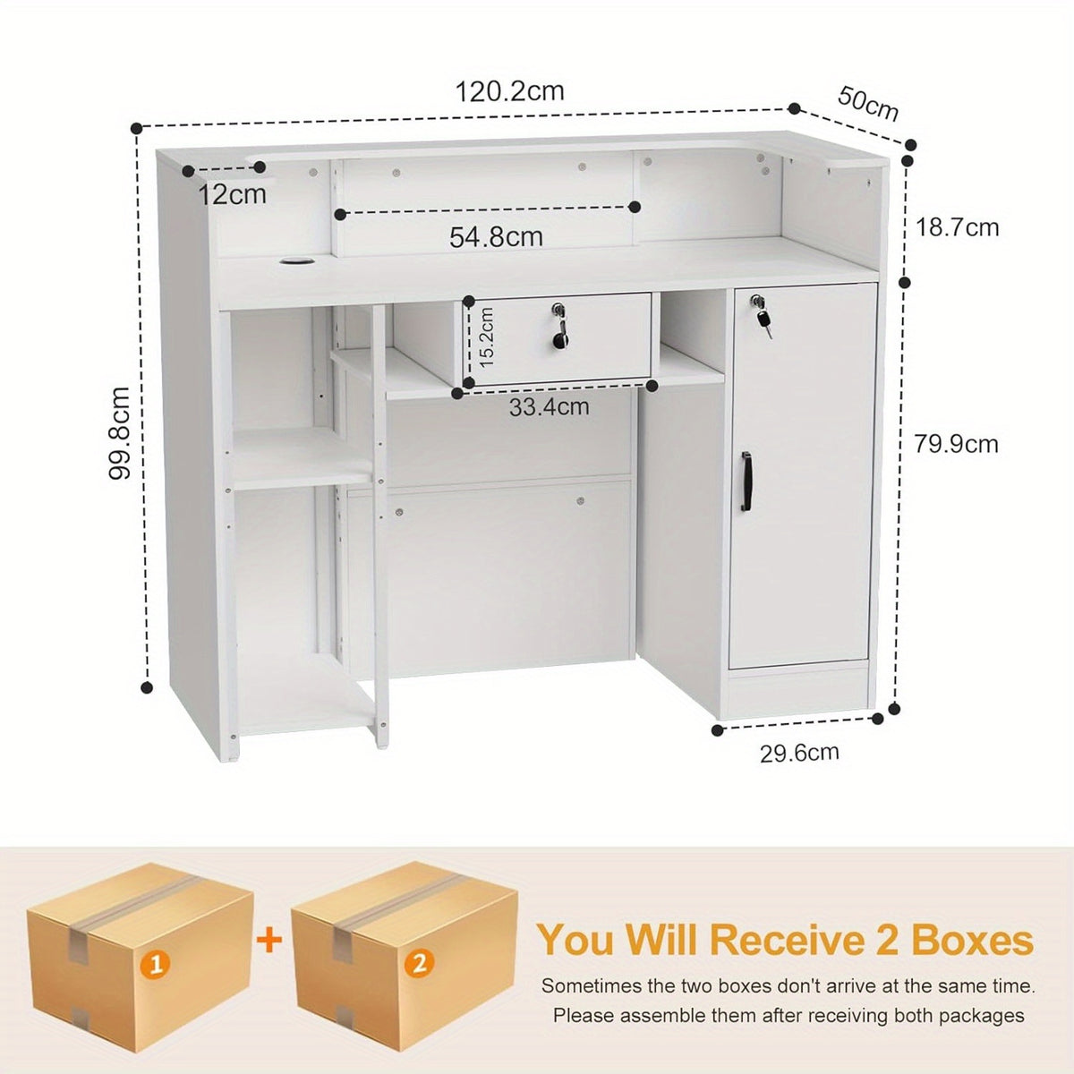 Receptiebalie – Balie – Ontvangstbalie – Frontdesk – Werkplek – Wit – Grote Werkruimte 100x120x50 cm – Vergrendelbare Laden en Planken