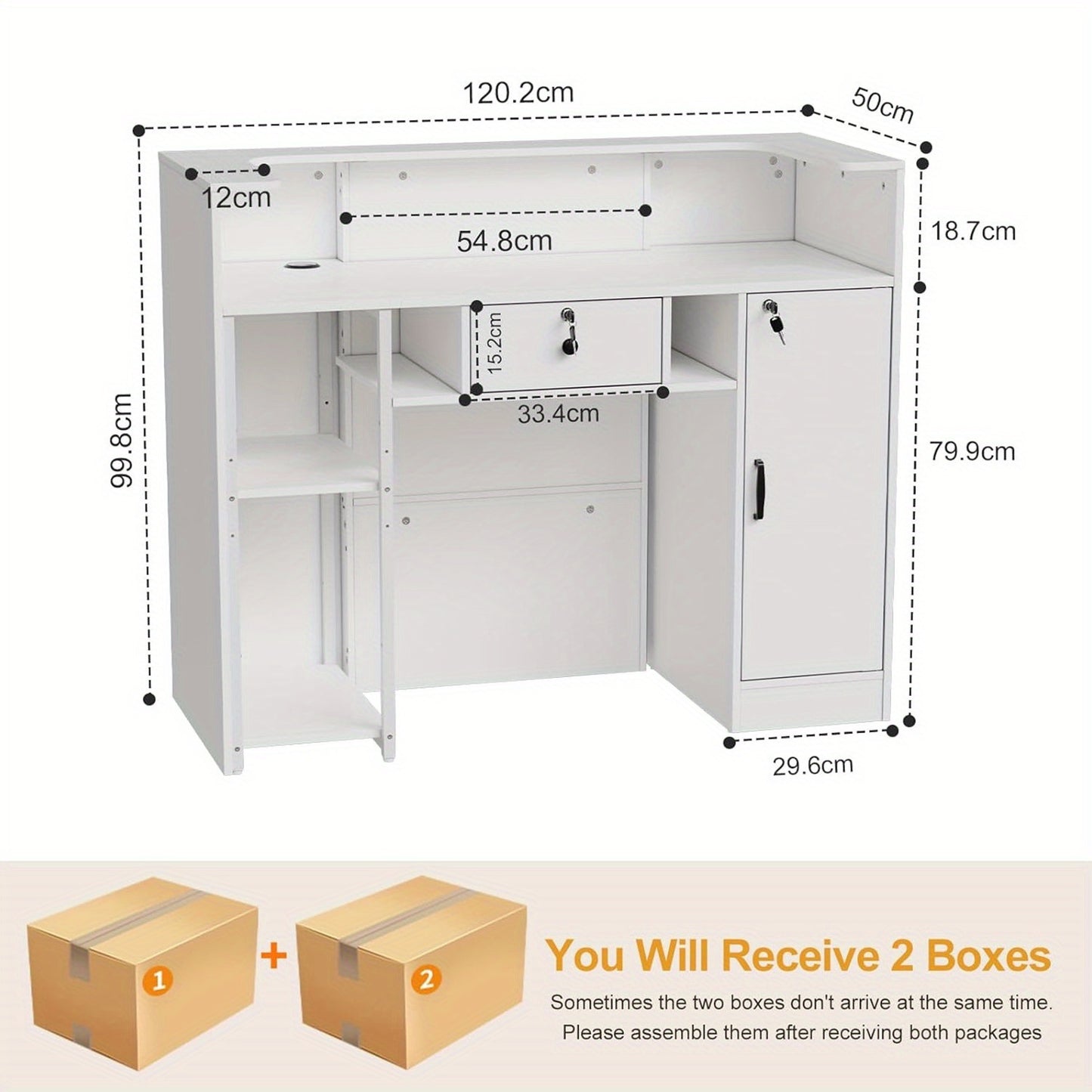 Receptiebalie – Balie – Toonbank – Servicebalie – Werkplek – Modern Design – Groot Werkoppervlak 100x120x50 cm – Vergrendelbare Laden en Verstelbare Planken