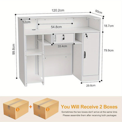 Receptiebalie – Balie – Toonbank – Servicebalie – Werkplek – Modern Design – Groot Werkoppervlak 100x120x50 cm – Vergrendelbare Laden en Verstelbare Planken