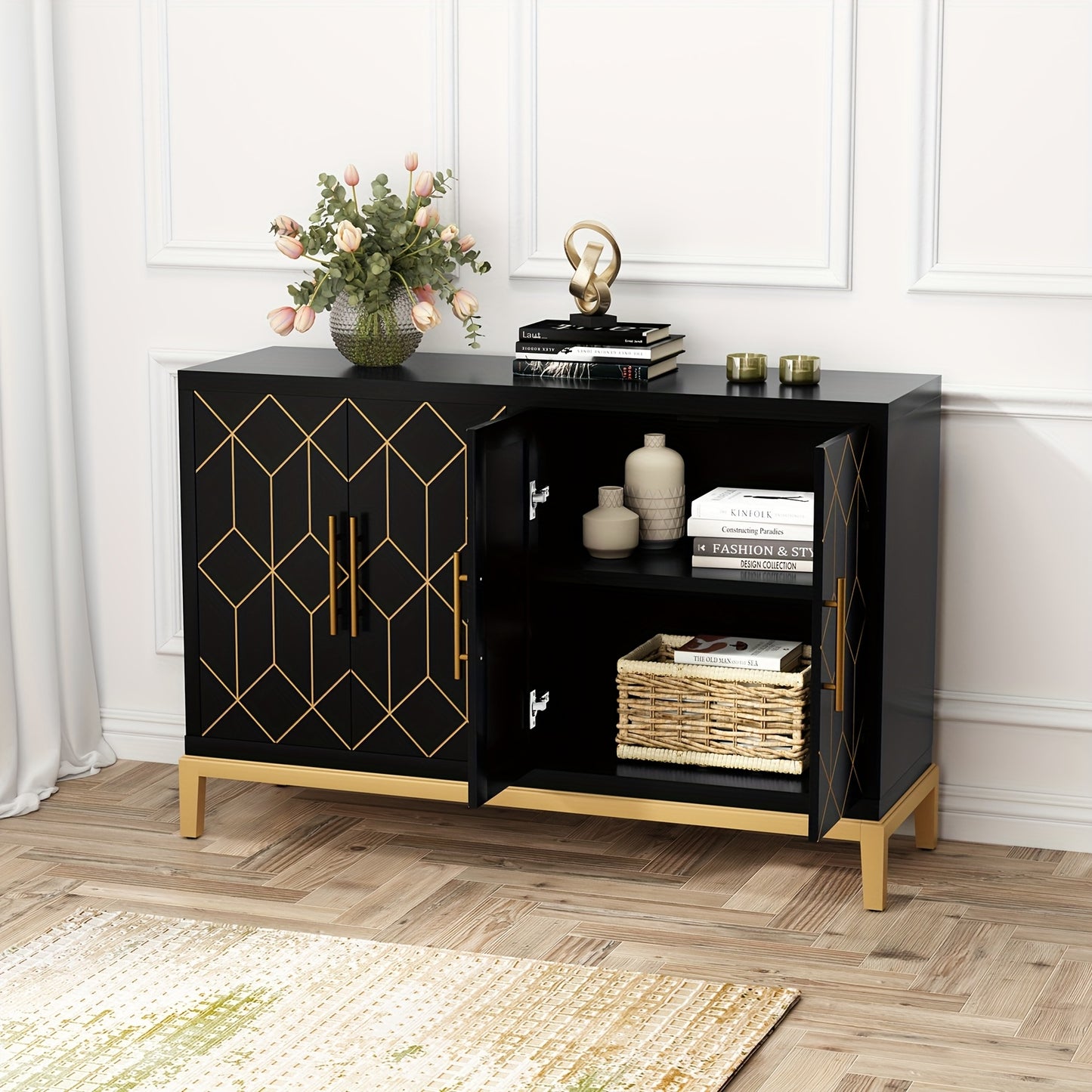 Kast – Opbergkast – Dressoir – Garderobekast – Vrijstaand – Verstelbare Planken – Zwart Met Gouden Accenten