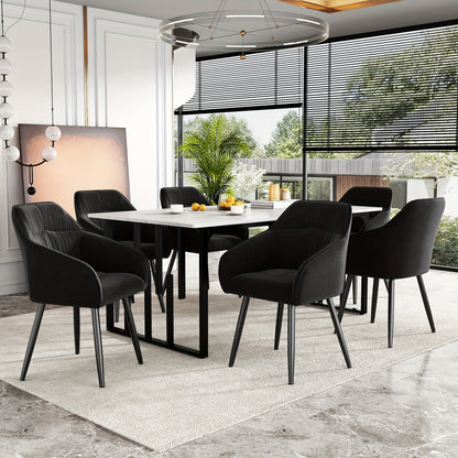 Eetkamerstoel – Stoel – Kuipstoel – Keukenstoel – Woonkamerstoel – Set van 6 – Fluwelen Bekleding – Metalen Poten – Met Armleuning – Verstelbare Voorpoten – Zwart – Eigentijds Design