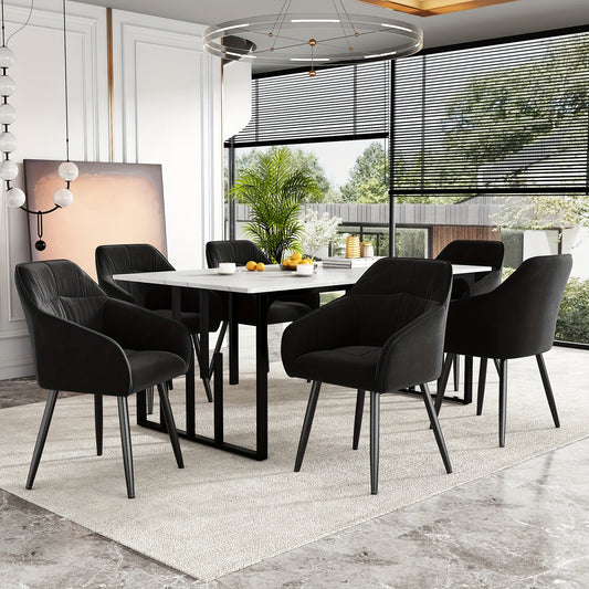 Eetkamerstoel – Stoel – Kuipstoel – Keukenstoel – Woonkamerstoel – Set van 6 – Fluwelen Bekleding – Metalen Poten – Met Armleuning – Verstelbare Voorpoten – Zwart – Eigentijds Design