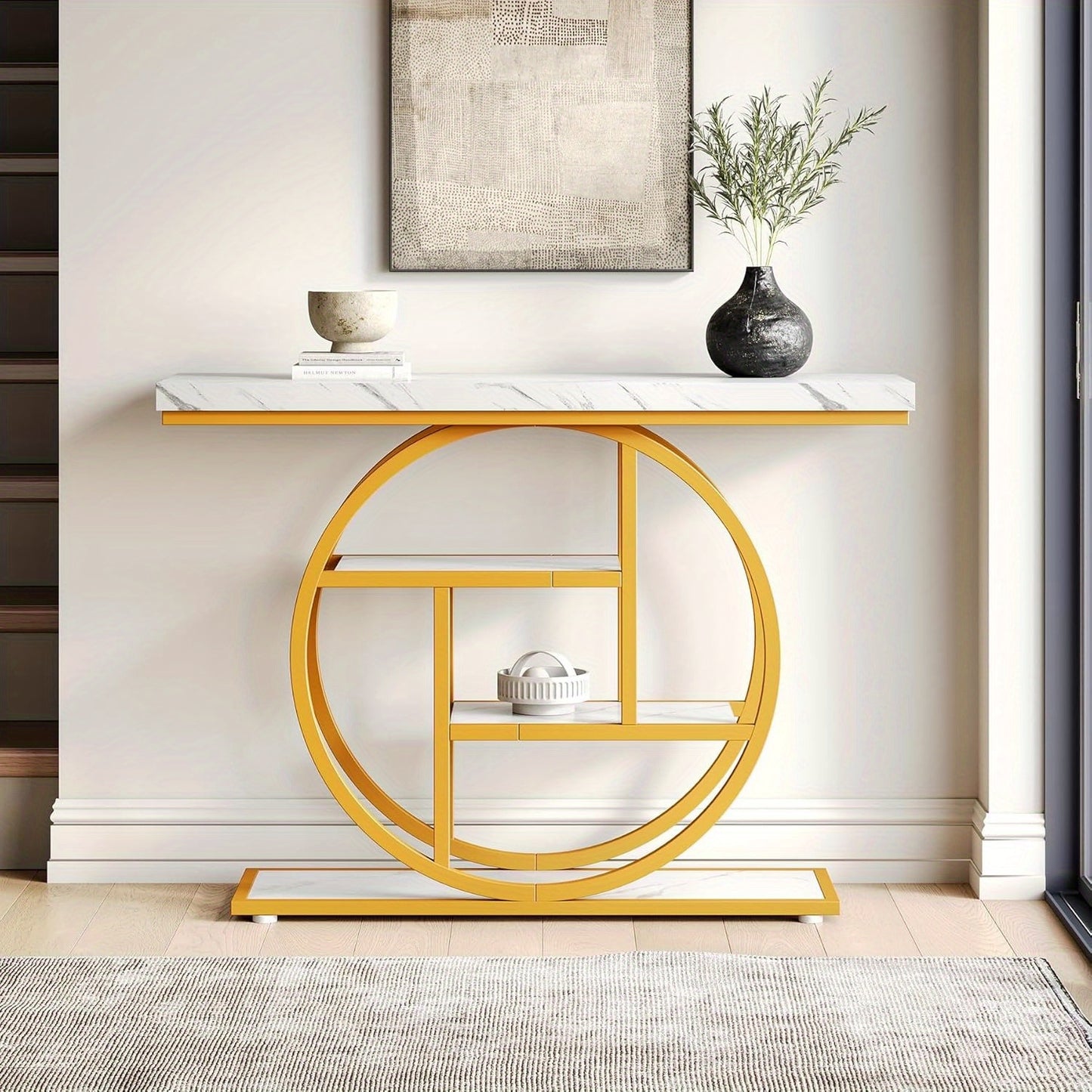 Moderne Sidetable – Console Tafel – Halmeubel – Sofa Tafel – Opbergmeubel – Wit en Gouden Afwerking – 4 Lagen – Stevige Houten Constructie