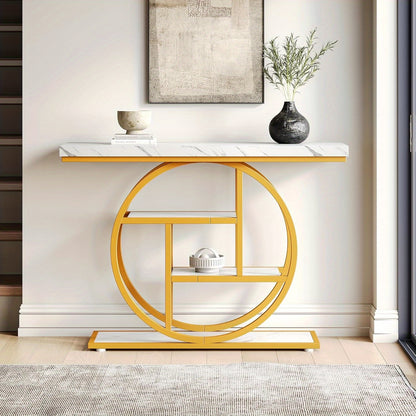 Moderne Sidetable – Console Tafel – Halmeubel – Sofa Tafel – Opbergmeubel – Wit en Gouden Afwerking – 4 Lagen – Stevige Houten Constructie