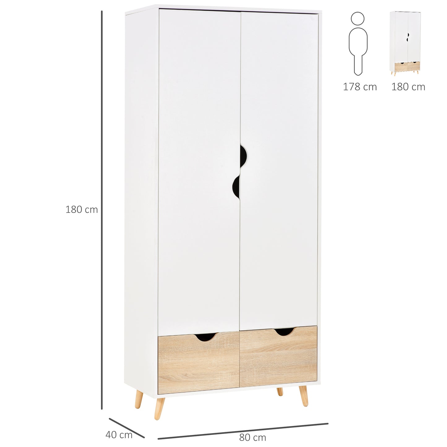Kledingkast – Garderobekast – Opbergkast – Slaapkamerkast – Witte Kast – Scandinavisch Design – 80x40x180 cm – Melamine Coating
