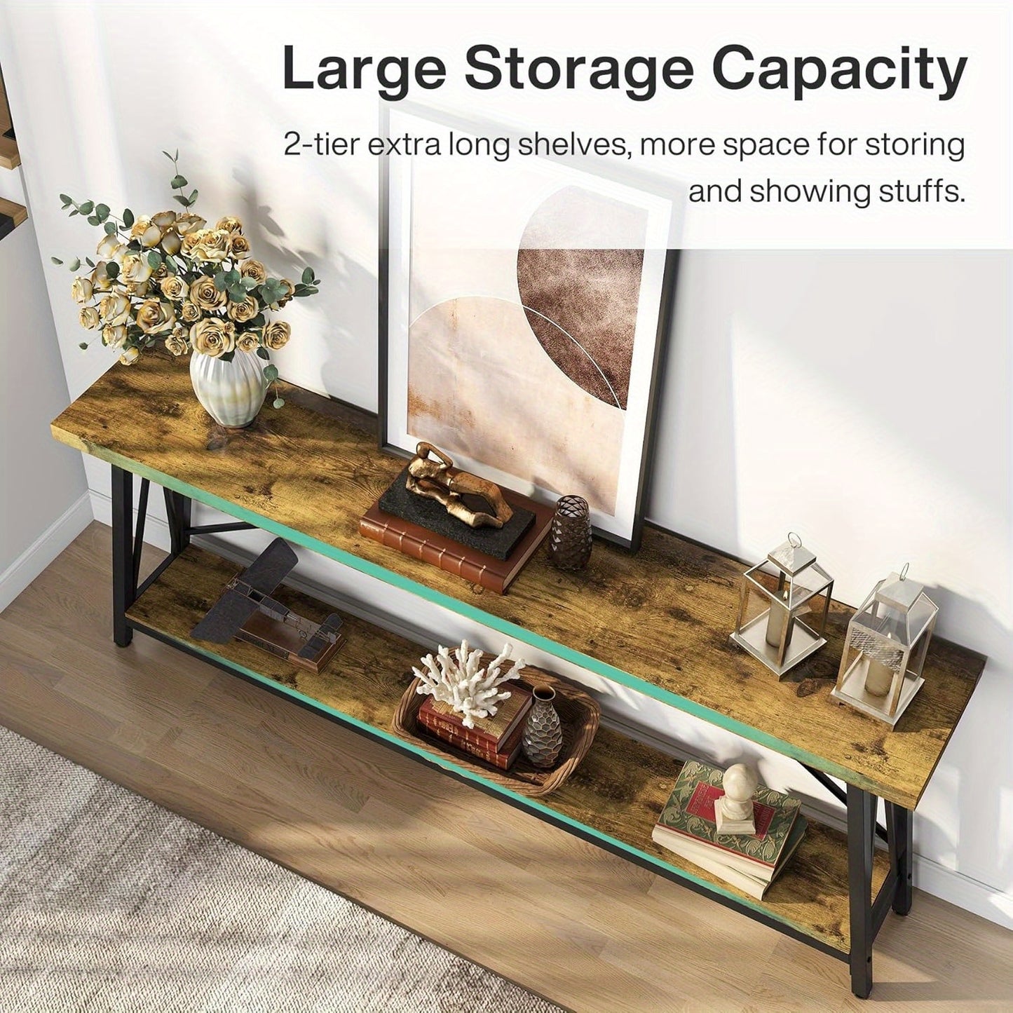 Sofa Tafel – Bijzettafel – Sidetable – Console Tafel – Haltafel – Extra Lang 180 cm – Industrieel Rustiek Bruin – Metalen Frame & Houten Blad – Ruimtebesparend Ontwerp