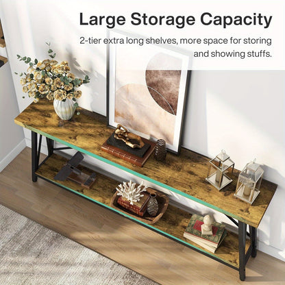 Sofa Tafel – Bijzettafel – Sidetable – Console Tafel – Haltafel – Extra Lang 180 cm – Industrieel Rustiek Bruin – Metalen Frame & Houten Blad – Ruimtebesparend Ontwerp