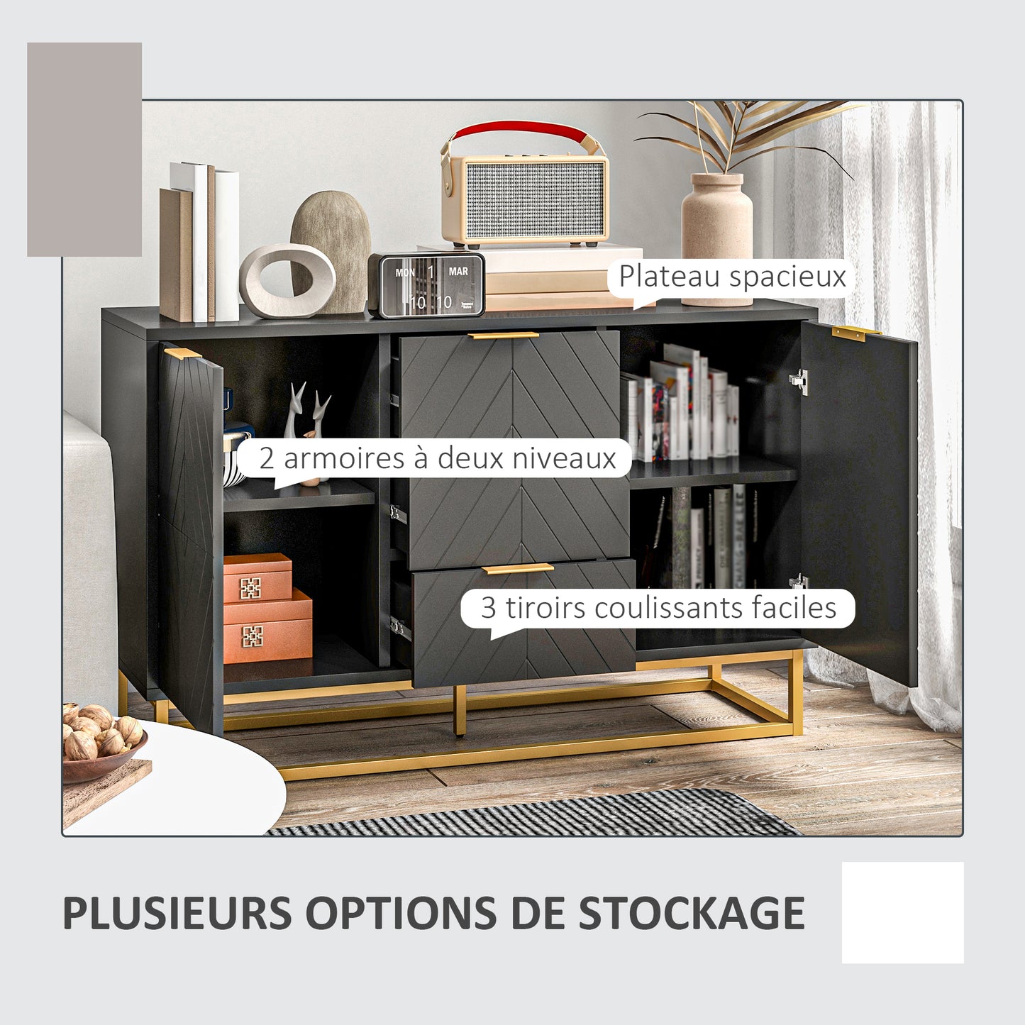 Buffet – Dressoir – Kast – Opbergmeubel – Sideboard – Zwart – Gouden Metalen Accenten – Veelzijdige Opbergruimte Met Verstelbare Planken – Compact Formaat 120x40x76 cm