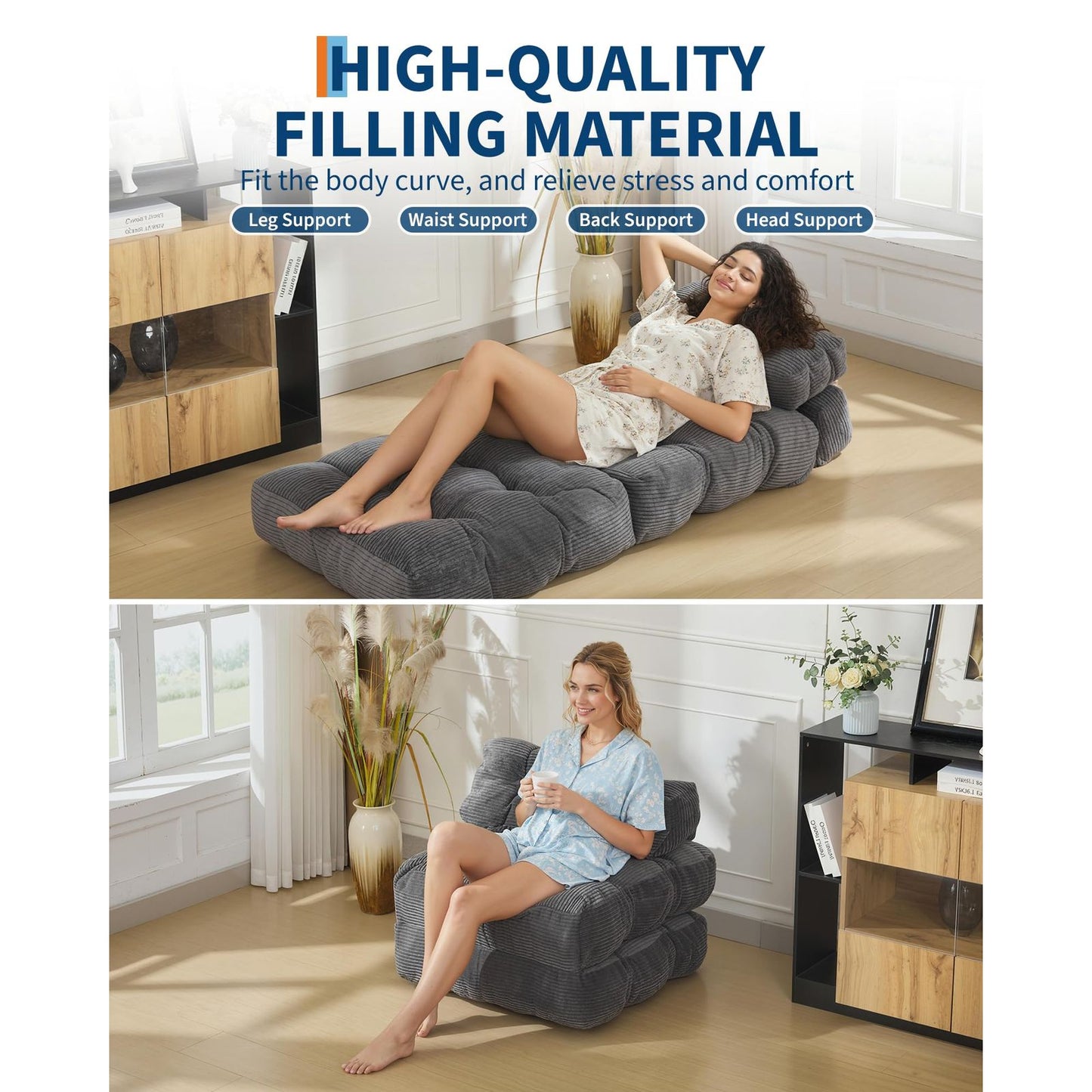 Single Size Folding Sofa Bed - Convertible Sleeper Chair with Mattress & Pillow, Boneless Fold-Out Bed with Back Support, Space-Saving Bed for Small Apartments, Dorms, Guest Rooms - Assembly, Modern Bed/Couch (Dark Gray)