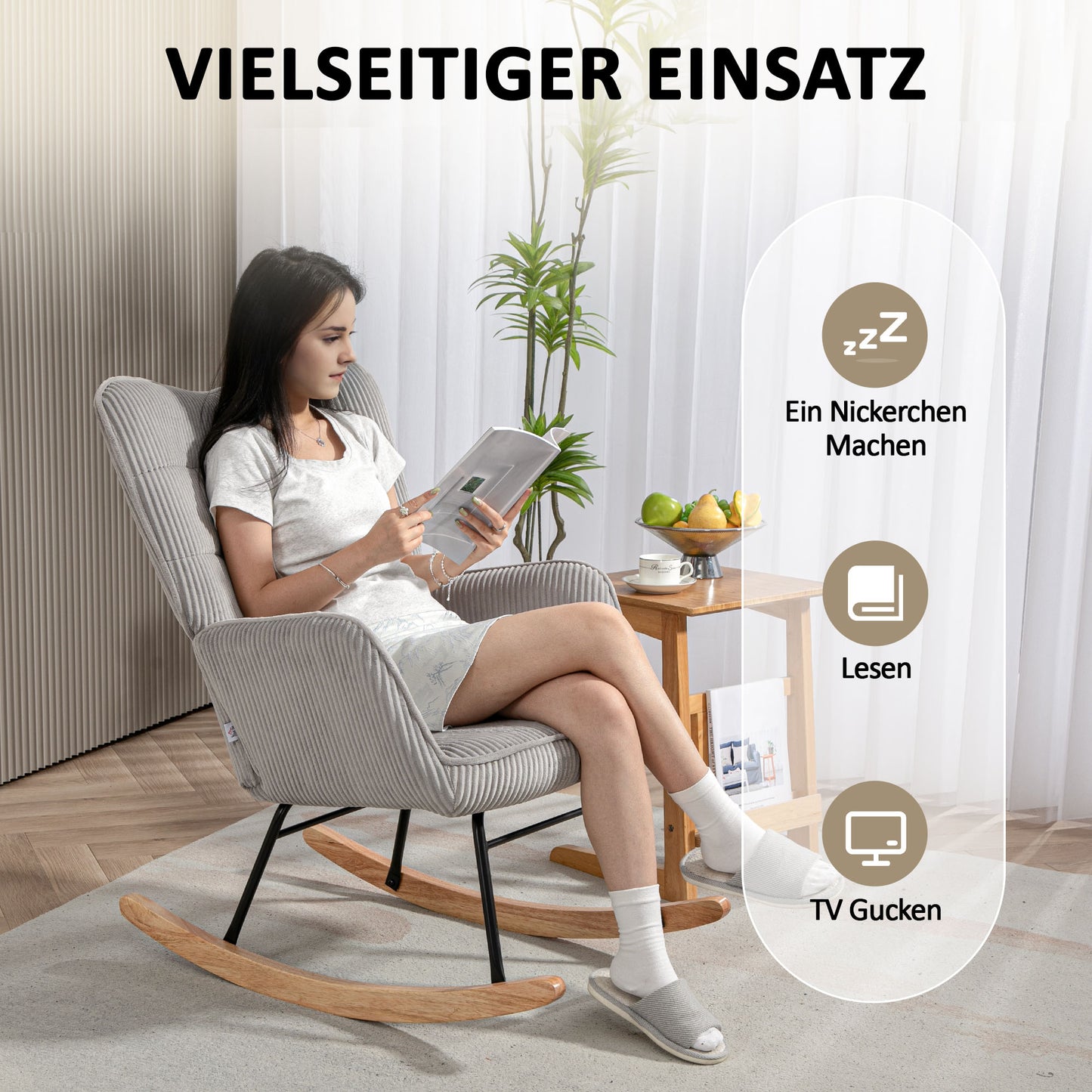 Vintage Schommelstoel – Schommelstoel Fauteuil Stoel Relaxstoel Loungechair – Lichtgrijs – Beukenhout & Staal – Extra Dikke Vulling