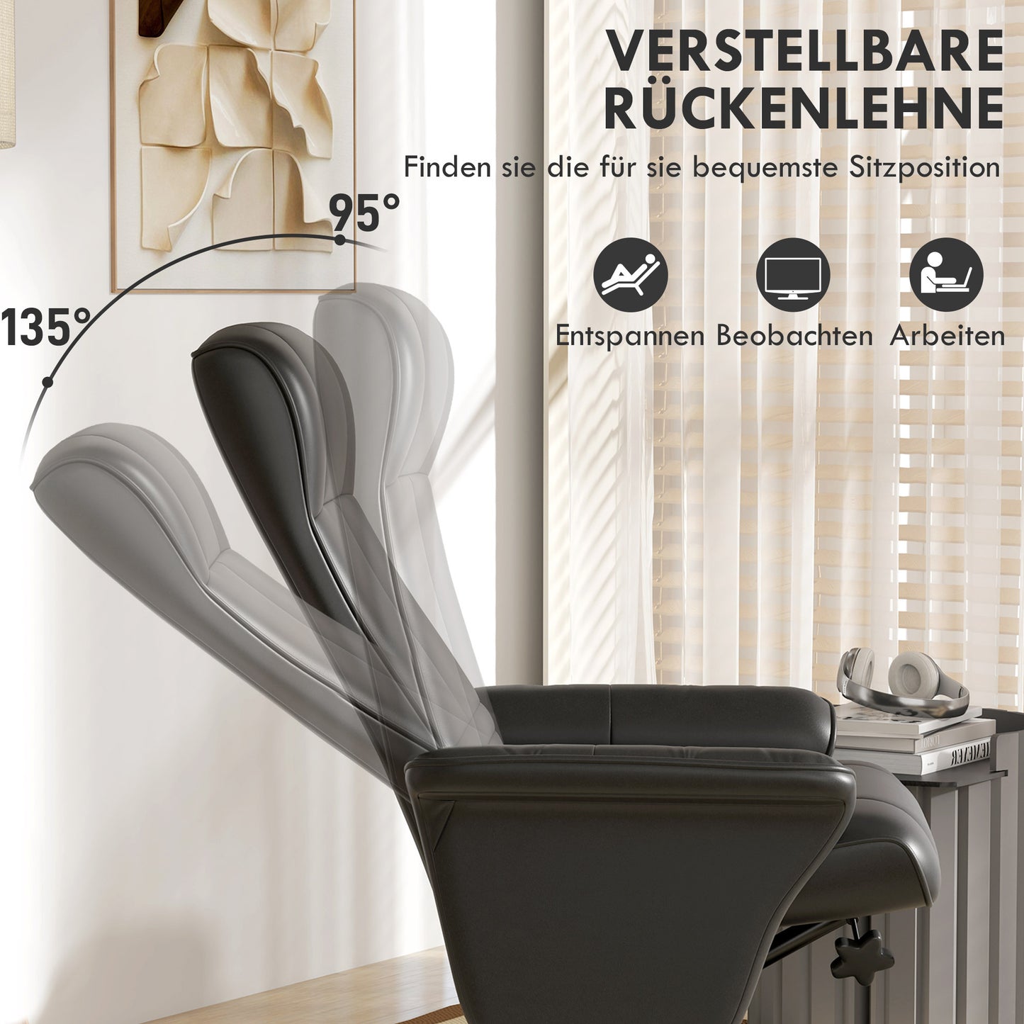 Draaifauteuil – Fauteuil – Accentstoel – Relaxstoel – Stoel Met Hocker – Zwart – Ergonomisch Ontwerp – Microvezel Look – Draagkracht Tot 150 kg