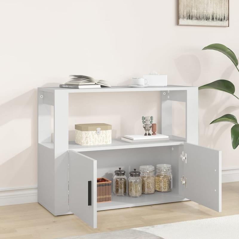 Modern White Sideboard with Glass Display Shelves & Removable Storage Basket - 80x30x60cm, Hardwood Furniture for Living Room, Bedroom, Office - Minimalist Design with Open Shelves & Closed Cabinets, Sideboard Cabinet, Bedroo