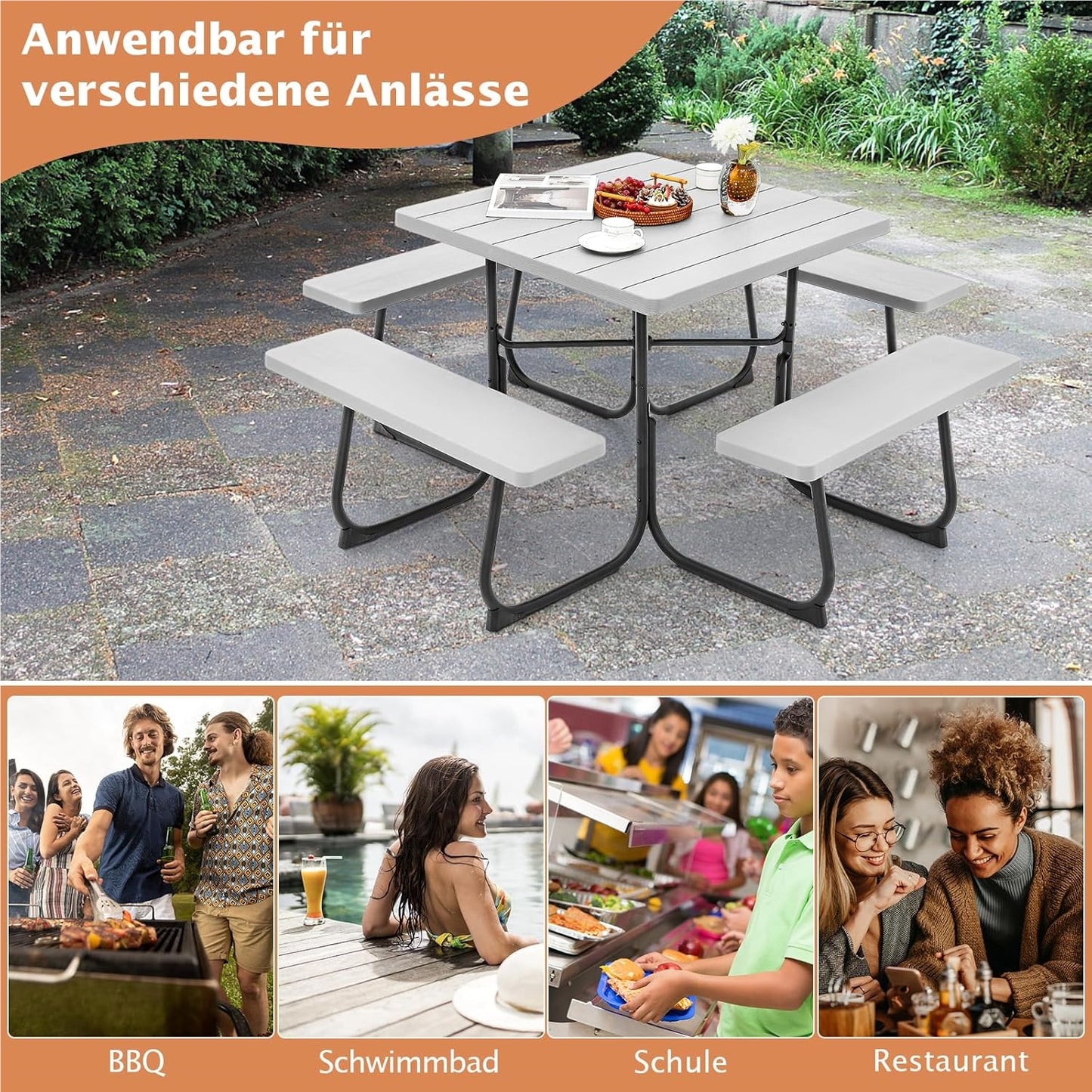 Tuinset – Picknicktafel – Zitgroep – Buitenmeubelen – Tuinmeubelen – 8 Personen – Weerbestendig HDPE – Parasolopening