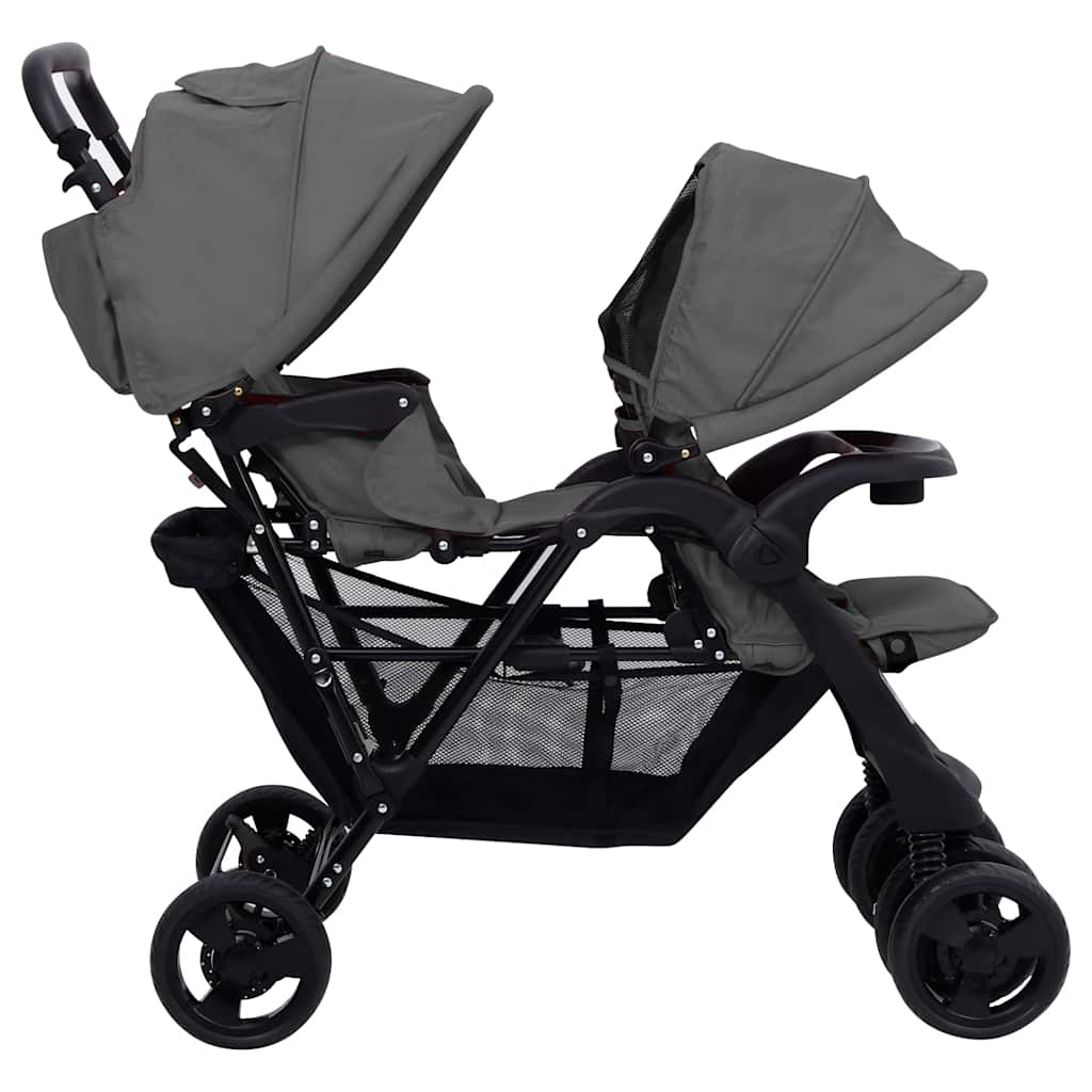 Tandem Kinderwagen – Dubbele Buggy – Dubbele Kinderwagen – Tandem Buggy – Kinderwagen Voor Twee – Stevig Stalen Frame – Verstelbare UV Zonnekappen – Donkergrijs