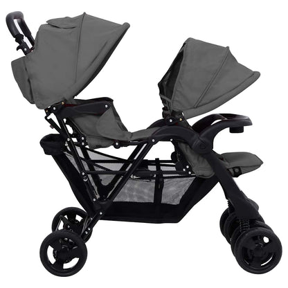 Tandem Kinderwagen – Dubbele Buggy – Dubbele Kinderwagen – Tandem Buggy – Kinderwagen Voor Twee – Stevig Stalen Frame – Verstelbare UV Zonnekappen – Donkergrijs