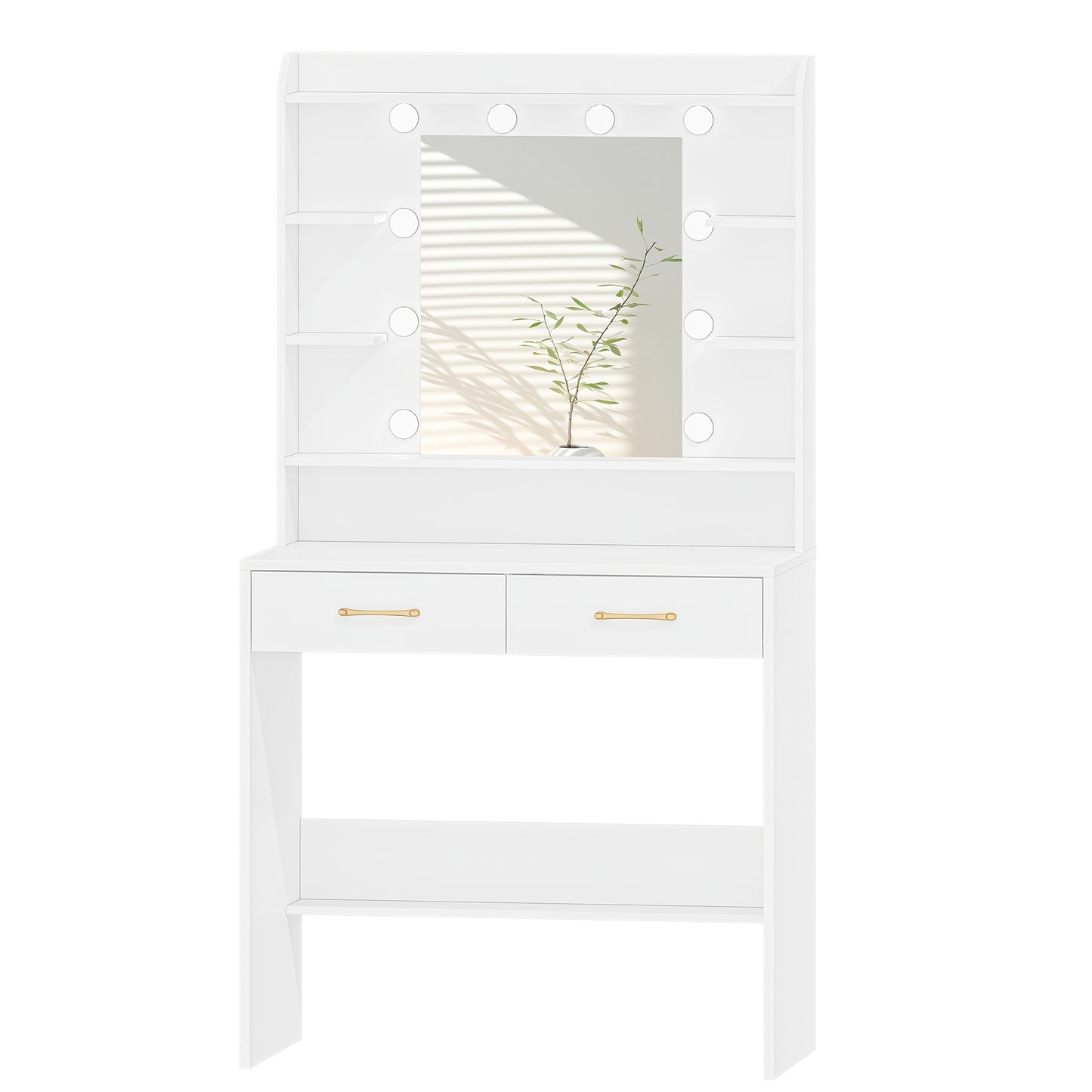 Dressing Table with Mirror And LED Light, Accessory Storage, Adjustable Brightness, Dressing Table with Shelves And 2 Drawers, Jewelry Cabinet, for Bedroom, Living Room, 40 X 80 X 149cm, White - QUORE