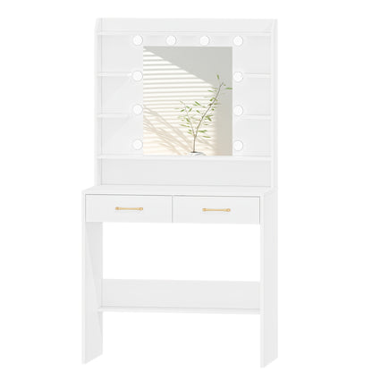 Dressing Table with Mirror And LED Light, Accessory Storage, Adjustable Brightness, Dressing Table with Shelves And 2 Drawers, Jewelry Cabinet, for Bedroom, Living Room, 40 X 80 X 149cm, White - QUORE