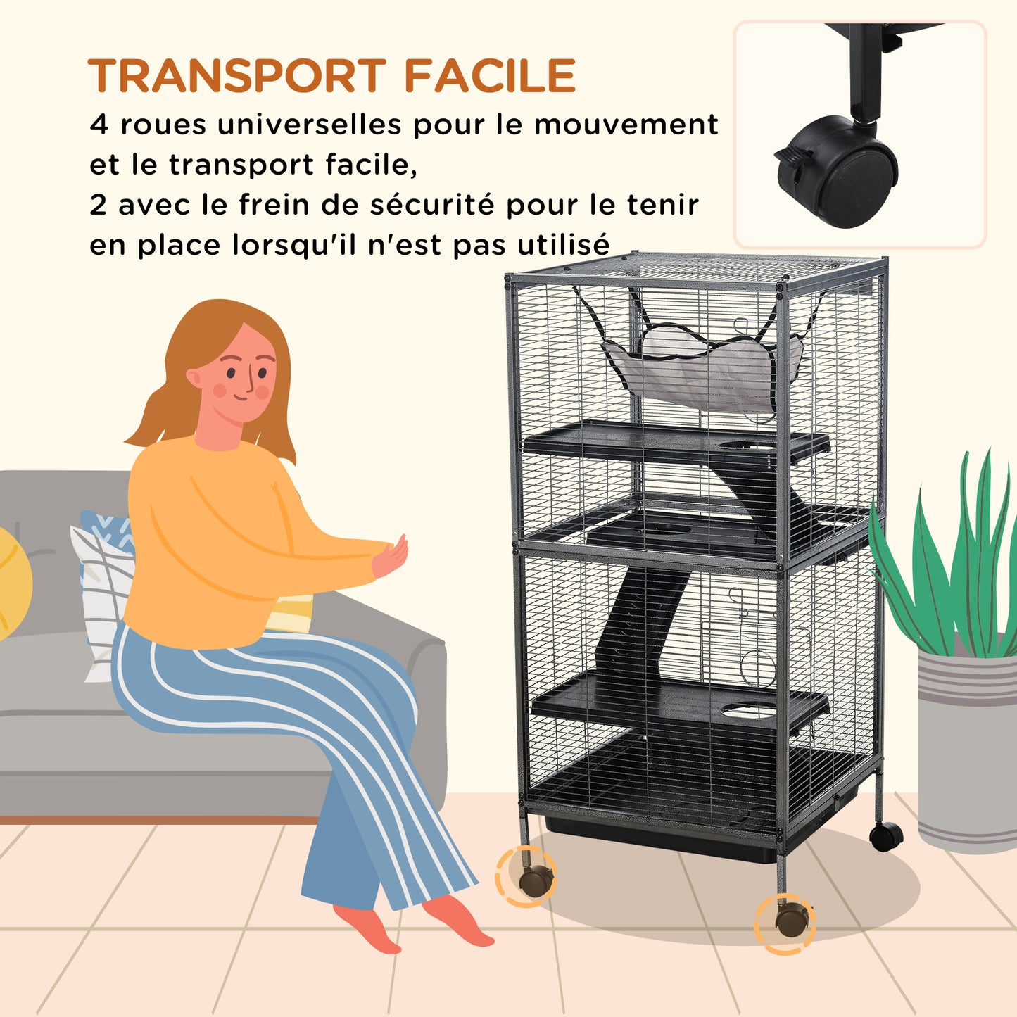 Dierenkooi Klein – Knaagdierkooi – Konijnenkooi – Hamsterkooi – Mobiel Dierenverblijf – Met 2 Deuren – Met Hangmat – 52 x 52 x 113,5 cm – Metaal Grijs