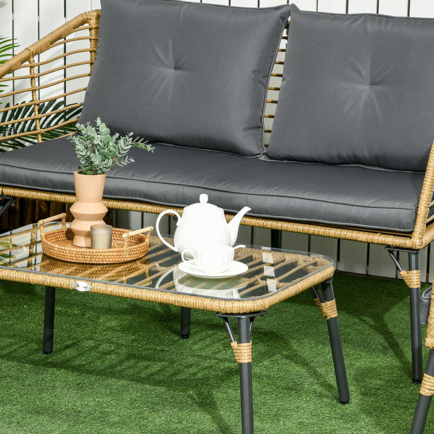 Loungeset Buiten – Tuinmeubel Set – Loungeset Balkon – Tuinbank Met Fauteuils – Zandkleur Met Donkergrijs Kussens – Weerbestendig Met Metalen Frame – Comfortabele Afneembare Kussens