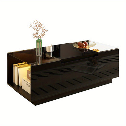 Salontafel – Koffietafel – Bijzettafel – Tafel – Woonkamertafel – Modern minimalistisch design – Glazen tafelblad met 2 lades – 105 cm – Metaalframe compacte salontafel
