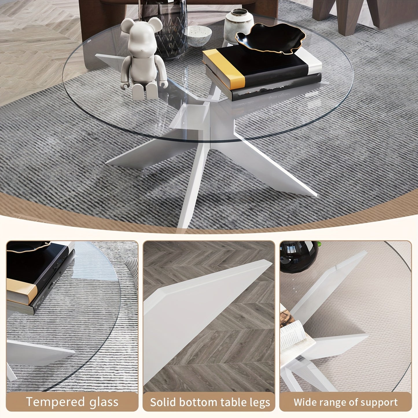 Ronde Salontafel – Koffietafel – Woonkamertafel – Bijzettafel – Glazen Tafel – Transparant Gehard Glas – Massief Houten Poten – 80x80x41 cm – Modern Minimalistisch Design
