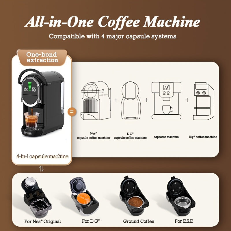 4-in-1 Capsule Koffiemachine – Espressoapparaat – Koffiezetter – Cappuccinomachine – Koffiemaker – 19 Bar Pompdruk – Slim Temperatuurbeheer