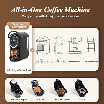 4-in-1 Capsule Koffiemachine – Espressoapparaat – Koffiezetter – Cappuccinomachine – Koffiemaker – 19 Bar Pompdruk – Slim Temperatuurbeheer