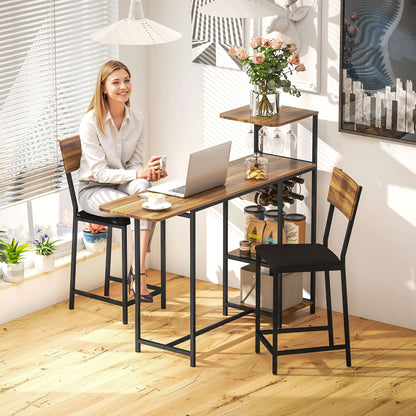 3-Delige Barset – Bar Tafel – Bistro Set – Terrasmeubilair – Huisbar – Bruin – Met Wijnrek en Glashouder – Comfortabele Stoelen met Voetsteunen